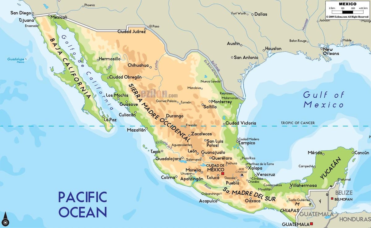 Mehika fizični zemljevid