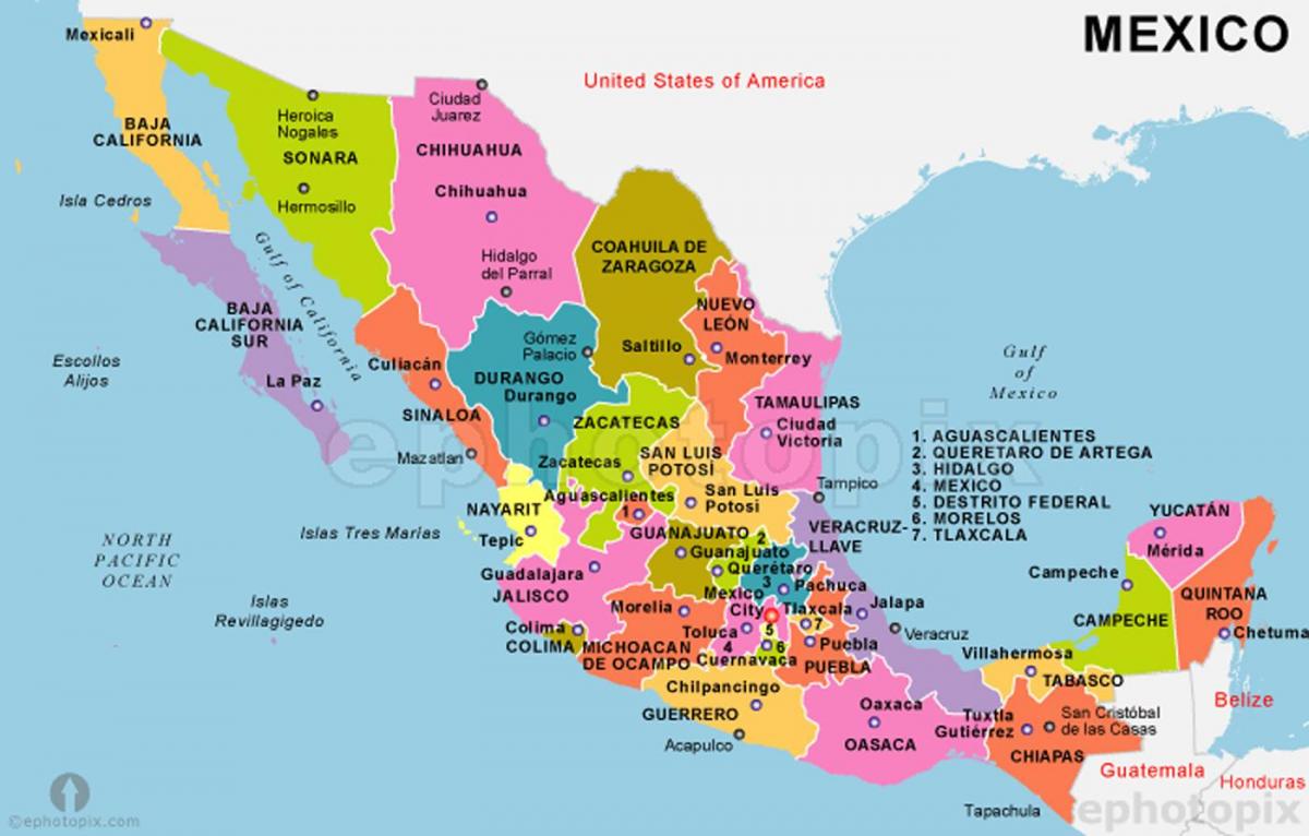 Mehika zemljevid z članic in velikih